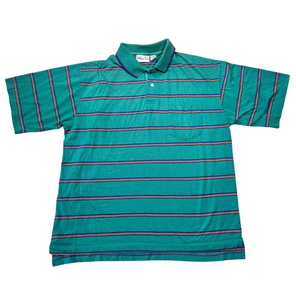 Willow Bay Mens XL Striped Polo Shirt Teal Green Short Sleeve Y2k Retro Grunge